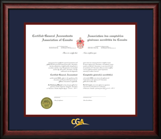 Satin mahogany wood frame for the 16x20 CGA National Legacy Certificate with double mat board & gold logo (120910-18x21-NPB/MAR.GFS)